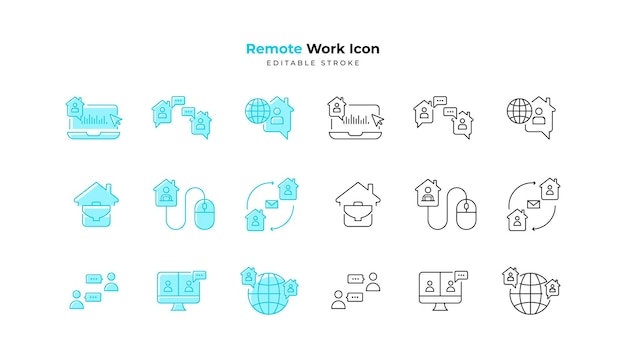 Vector set van pictogrammen voor werken op afstand eenvoudige lijntekeningen en bewerkbare lijnpictogrammen