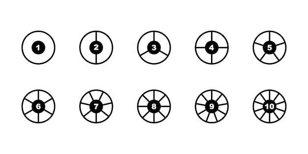 Vector set van pie chart vector iconen segmenten op cirkel met 1 tot 10 stukken zwarte ronde diagram