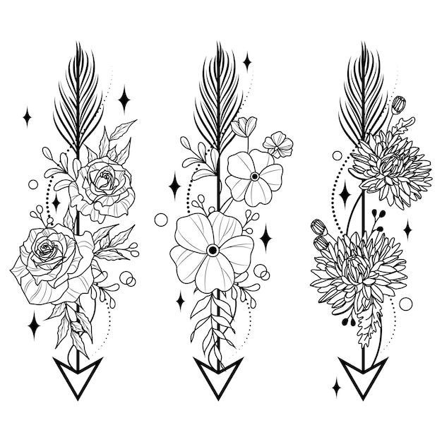 Set van pijlen met bloemen takken met bladeren veren eenvoudige doodle tekening gravure stijl tatoeage