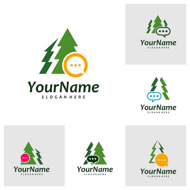 Set van Pine Tree met Chat logo vector sjabloon Creatieve Pine Tree logo design concepten