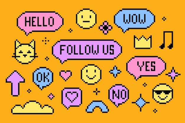 Set van pixel 8-bit elementen Pixelated spraak bubbels met tekst Emoticon met gezicht en kat sterren vorm
