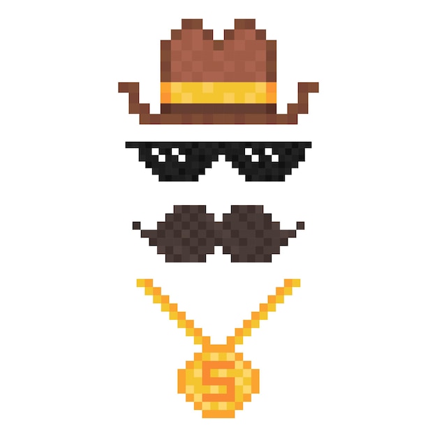 Set van pixel bril gouden ketting hoed en snor geïsoleerd op een witte achtergrond Vector illustrationxA