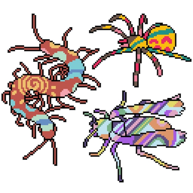 Set van pixelart geïsoleerd insect met kleurrijk patroon