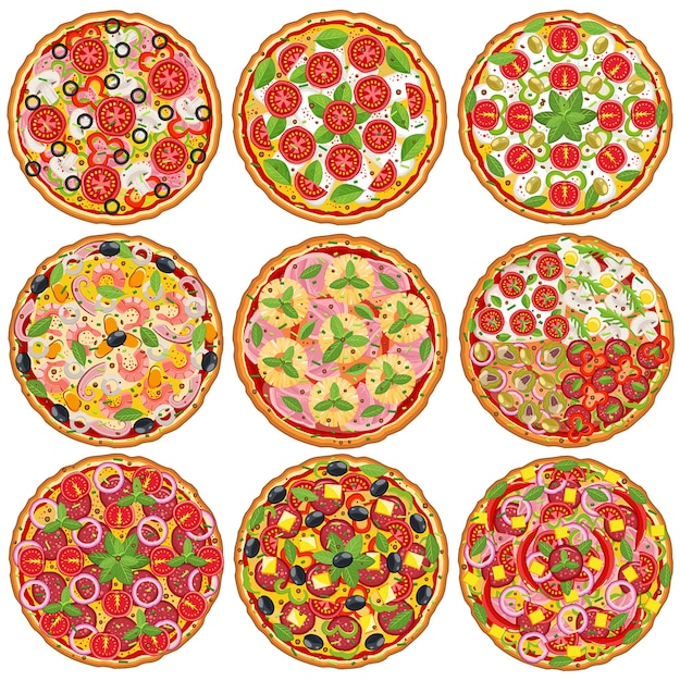 Vector set van pizza's met verschillende toppings: salami, ham, vegetarisch en kaas. bovenaanzicht pizza-afbeeldingen.