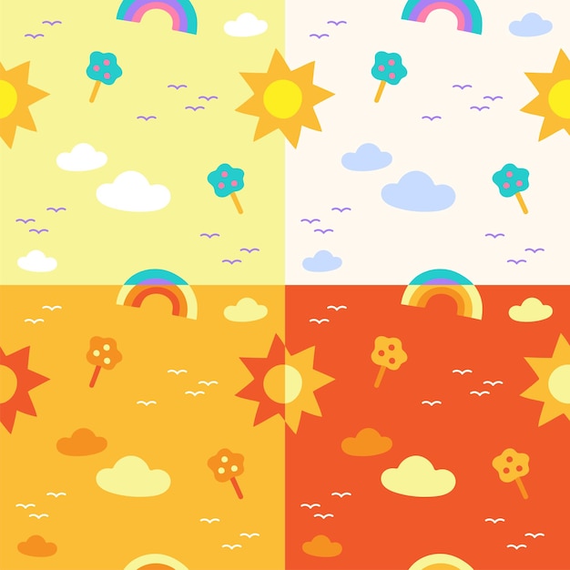 Set van plat schattig minimaal dag lucht zon regenboog boom wolk vogel vector patroon ontwerp wit geel