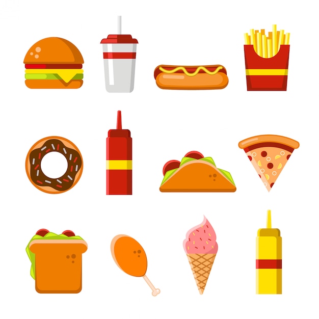 Vector set van platte fastfood pictogrammen en elementen