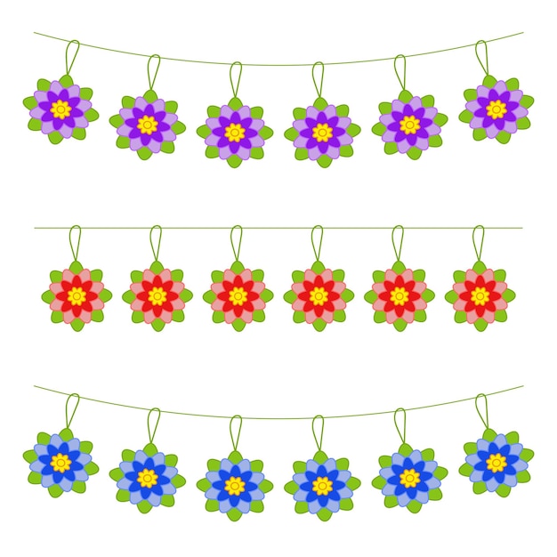 Vector set van platte gekleurde geïsoleerde slingers van bloemen.