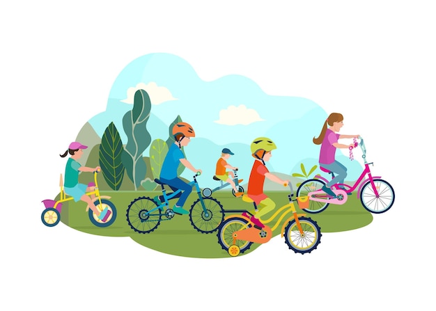 Set van platte gelukkige jonge geitjes op fietsen op de weg van een park met bloemen en bladeren kinderen kleurrijke fietsen buitensport berijden in natuurlijke zomer landschap door traject track door groen vectorillustratie