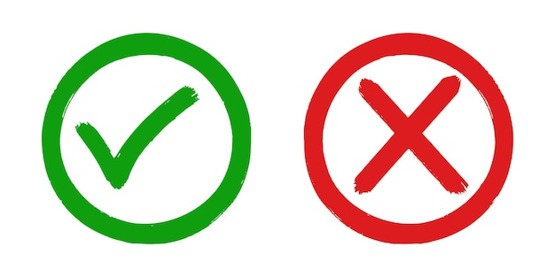 Set van platte ontwerppictogrammen met een groen vinkje en een rood kruis Deze symbolen worden vaak gebruikt om juiste versus onjuiste goedkeuring versus afwijzing en juiste versus verkeerde concepten weer te geven