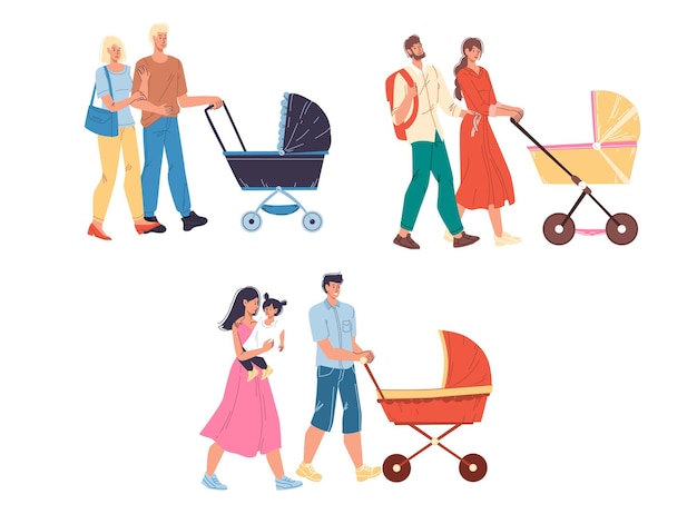 Vector set van platte stripfiguren gelukkige familie paren wandelen buiten met kinderwagen