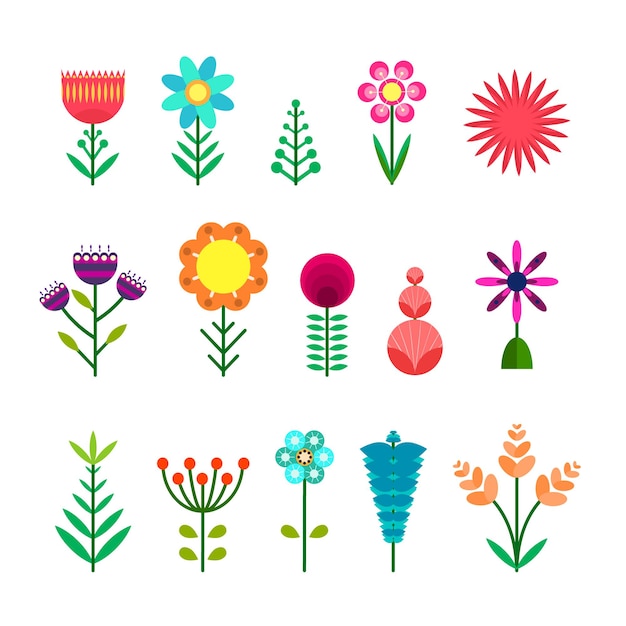 Set van platte vector eenvoudige kleur abstracte bloemen. leuke heldere kleurrijke bloemenelementen voor stickers, tags