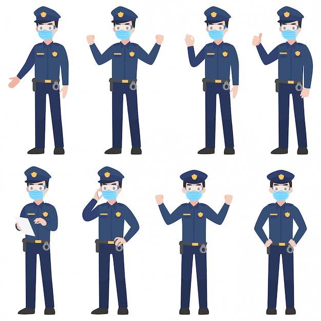 Vector set van politie in uniform met nieuw normaal leven met een chirurgisch beschermend medisch masker