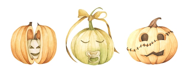 Set van pompoenen voor Halloween aquarel illustratie.