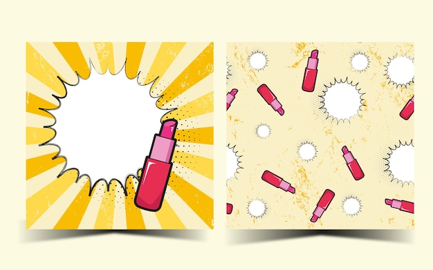 Set van pop-art ontwerp gele kaart met rode lippenstift en naadloos patroon in vectorillustratie