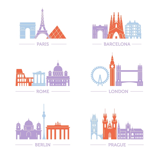 Set van populaire architectuur in Europese steden