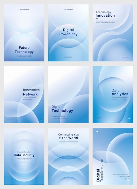 Set van poster templates in blauwe gradiënt met digitale technologie en gegevensbeveiliging