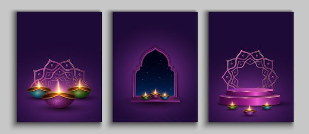 Vector set van posters voor diwali festival van licht diya lampen staan op een raam met uitzicht op de sterrenhemel en op een luxe podium festive indian flyer vector illustratie eps 10