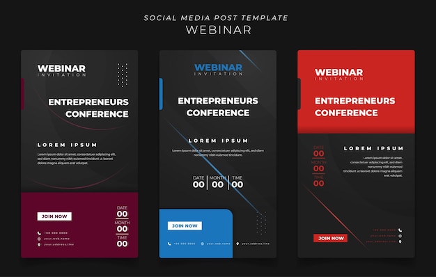 Set van postsjabloon voor sociale media op zwarte achtergrond voor online adverteren of webinar-ontwerp