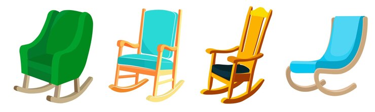Vector set van prachtige gekleurde schommelstoelen in een cartoon stijl vector illustratie van vintage schommel stoelen van verschillende vormen en ontwerpen met houten armleuningen geïsoleerd op witte achtergrond