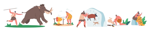 Vector set van prehistorische tijdperken mensen dragen dierenhuid gebruik primitieve hulpmiddelen voor de jacht licht een vuur man jacht mammoet vrouw curry huid neanderthaler karakters levensstijl cartoon vectorillustratie