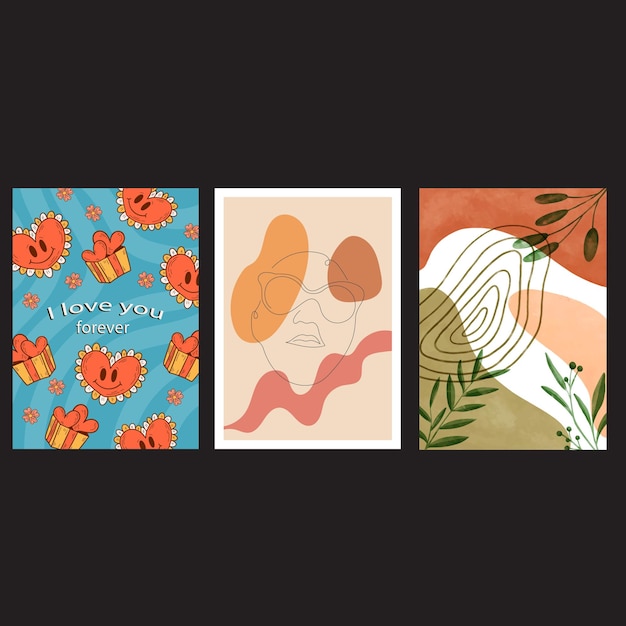 Set van psychedelische groovy stijl posters met hart ogen en hand Bright groovy posters 70s vinta
