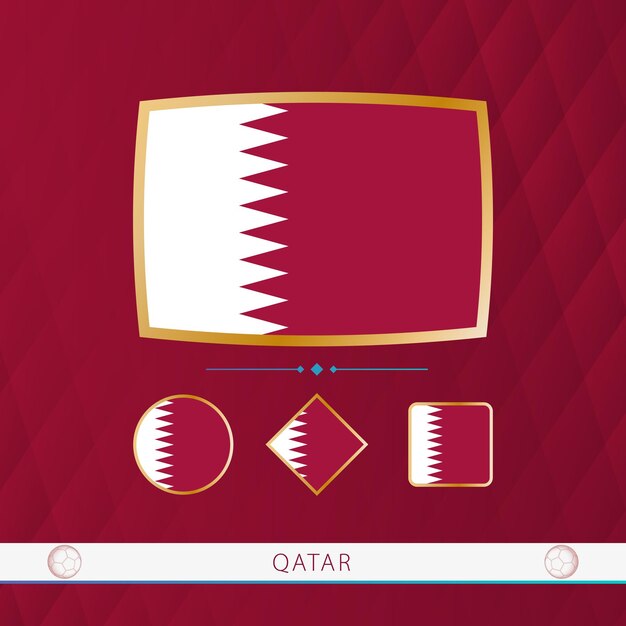 Vector set van qatar vlaggen met gouden frame voor gebruik bij sportevenementen op een bordeaux abstracte achtergrond