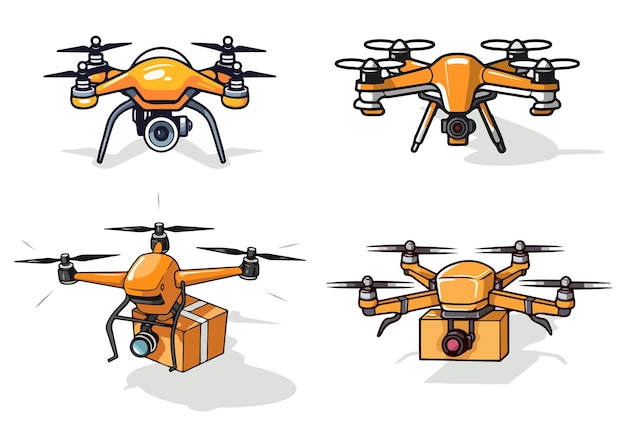 Set van quadcopter lucht drone met camera voor foto-video bewaking of levering geïsoleerd op witte achtergrond Cartoon stijl Vector illustratie voor elk ontwerp