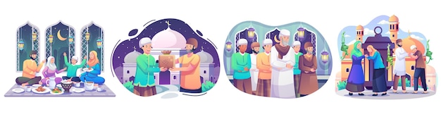 Set van Ramadan concept illustratie Moslim mensen vieren Heilige maand Ramadan illustratie