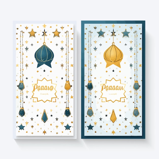 Vector set van ramadan kareem groeten kaarten uitnodigingen hand getekende hangende lantaarns en lichte kransen