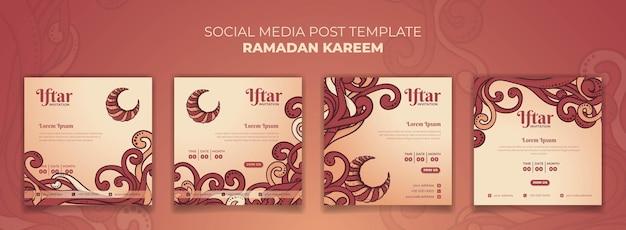 Set van ramadan kareem social media post-sjabloon met handgetekend sierontwerp