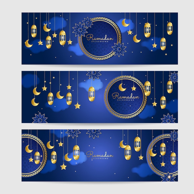 Set van Ramadan lantaarn donker blauw goud kleurrijke brede banner ontwerp achtergrond