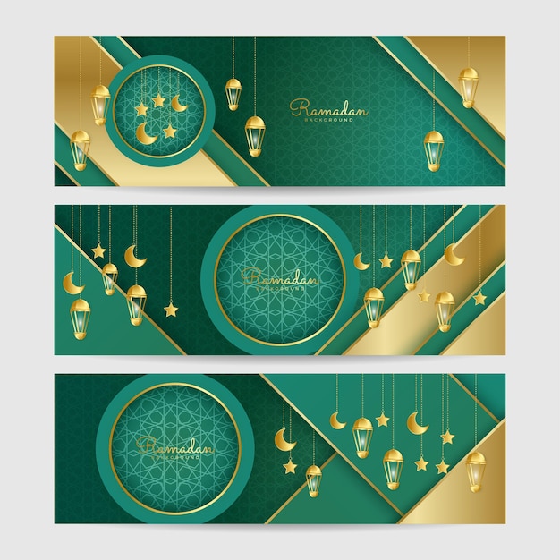 Set van Ramadan lantaarn groen goud kleurrijke brede banner ontwerp achtergrond