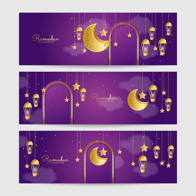 Set van Ramadan lantaarn paars goud kleurrijke brede banner ontwerp achtergrond