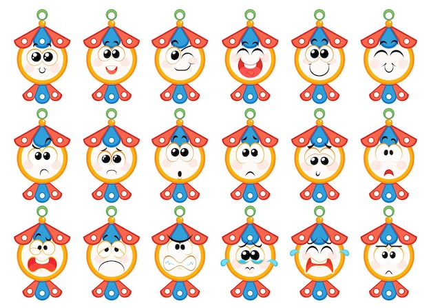 Set van Ramadan lantaarns emoji's Emoticons en Smiles iconen Geïsoleerde cartoon vectorillustratie