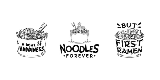 Set van ramen udon noodle citaten grafisch logo label badge en embleem