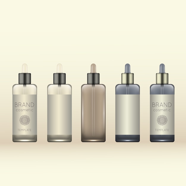 Vector set van realistische 3d-kleurovergang cosmetische fles mockup.