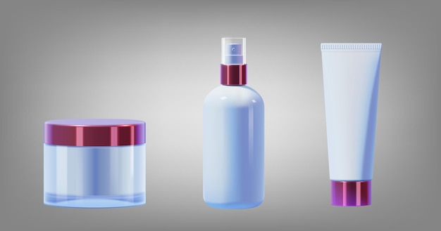 Vector set van realistische cosmetische witte en roze metalen schone flessen op geïsoleerde achtergrond, lege sjablonen voor mockup voor uw ontwerp. 3d illustratie