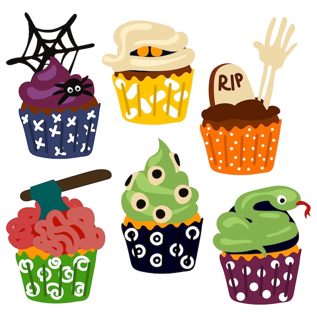 Set van realistische cupcakes voor halloween vreselijk versierde cupcakes thema kleine cakes voor oktober