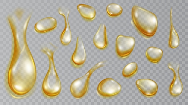 Set van realistische doorschijnende waterdruppels in gele kleuren in verschillende vormen en maten geïsoleerd op transparante achtergrond Transparantie alleen in vectorformaat