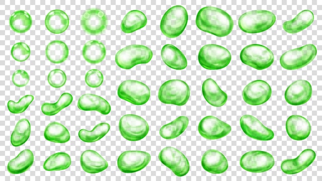 Vector set van realistische doorschijnende waterdruppels in groene kleuren in verschillende vormen geïsoleerd op transparante achtergrond