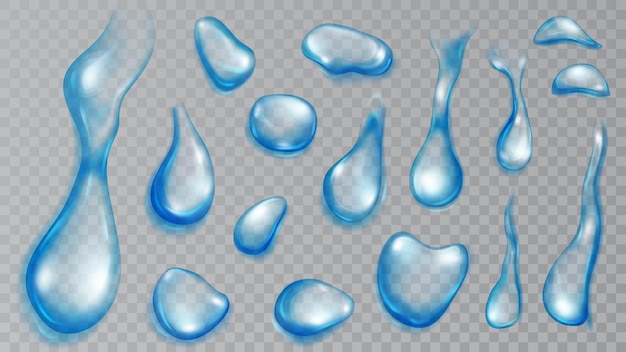 Set van realistische doorschijnende waterdruppels in lichtblauwe kleuren in verschillende vorm en grootte geïsoleerd op transparante achtergrond