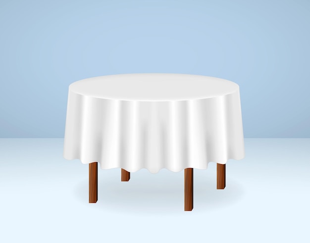 set van realistische houten ronde tafel geïsoleerd of eettafel met wit tafelkleed of houten ronde