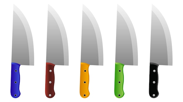 set van realistische keukenmessen geïsoleerd op wit, vectorillustratie, koksmessen, kleurrijke knives