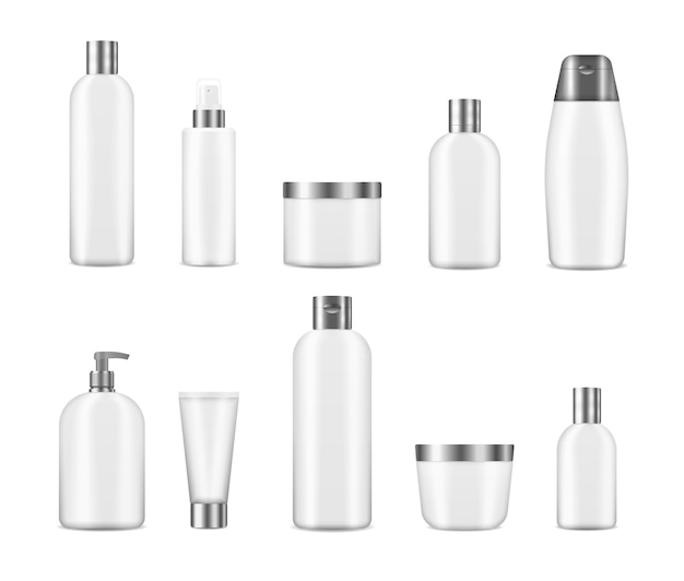 Set van realistische mockup cosmetische witte schone flessen. 3d verschillende lege container inclusief pot, pompfles, crème buis geïsoleerd op transparante achtergrond. Realistisch cosmetisch pakket.