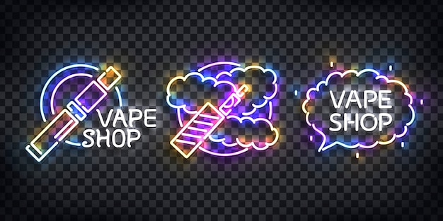 set van realistische neonreclame van Vape Shop-logo voor sjabloondecoratie en bedekking op de transparante achtergrond. Concept van elektronische sigaret.