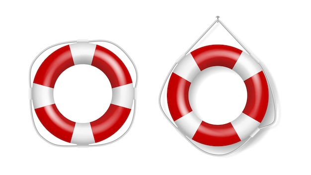 Set van realistische reddingsboeien, wit en rood gestreepte reddingsboeien ringen. Lifesavers strandwachten