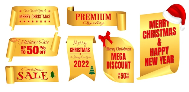 Set van realistische rode banner kerstmis verkoop geïsoleerd of scroll rood gouden papier kerstmis