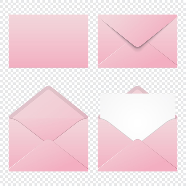 Set van realistische roze enveloppen mockup Realistische roze enveloppen in verschillende posities Gevouwen en ongevouwen envelop mockup Vector illustratie