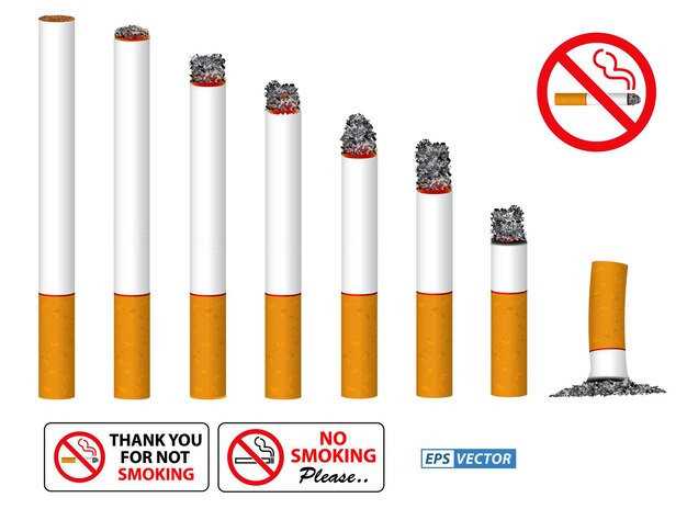 Set van realistische smeulende sigaretten in een lijn en niet roken teken eps vector