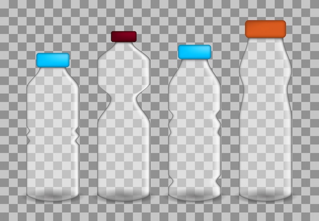 Set van realistische transparante flessen op verschillende maten